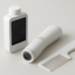 A flat lay of a hair-care device, a treatment bottle, and a comb on a light surface