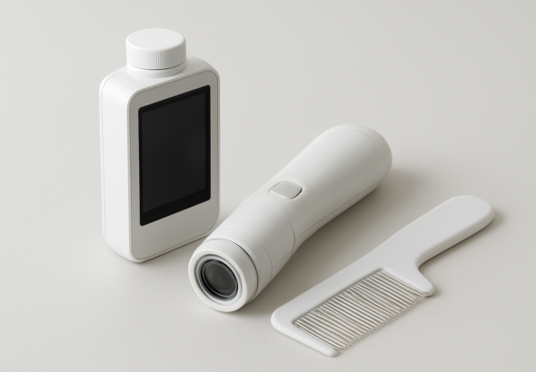 A flat lay of a hair-care device, a treatment bottle, and a comb on a light surface
