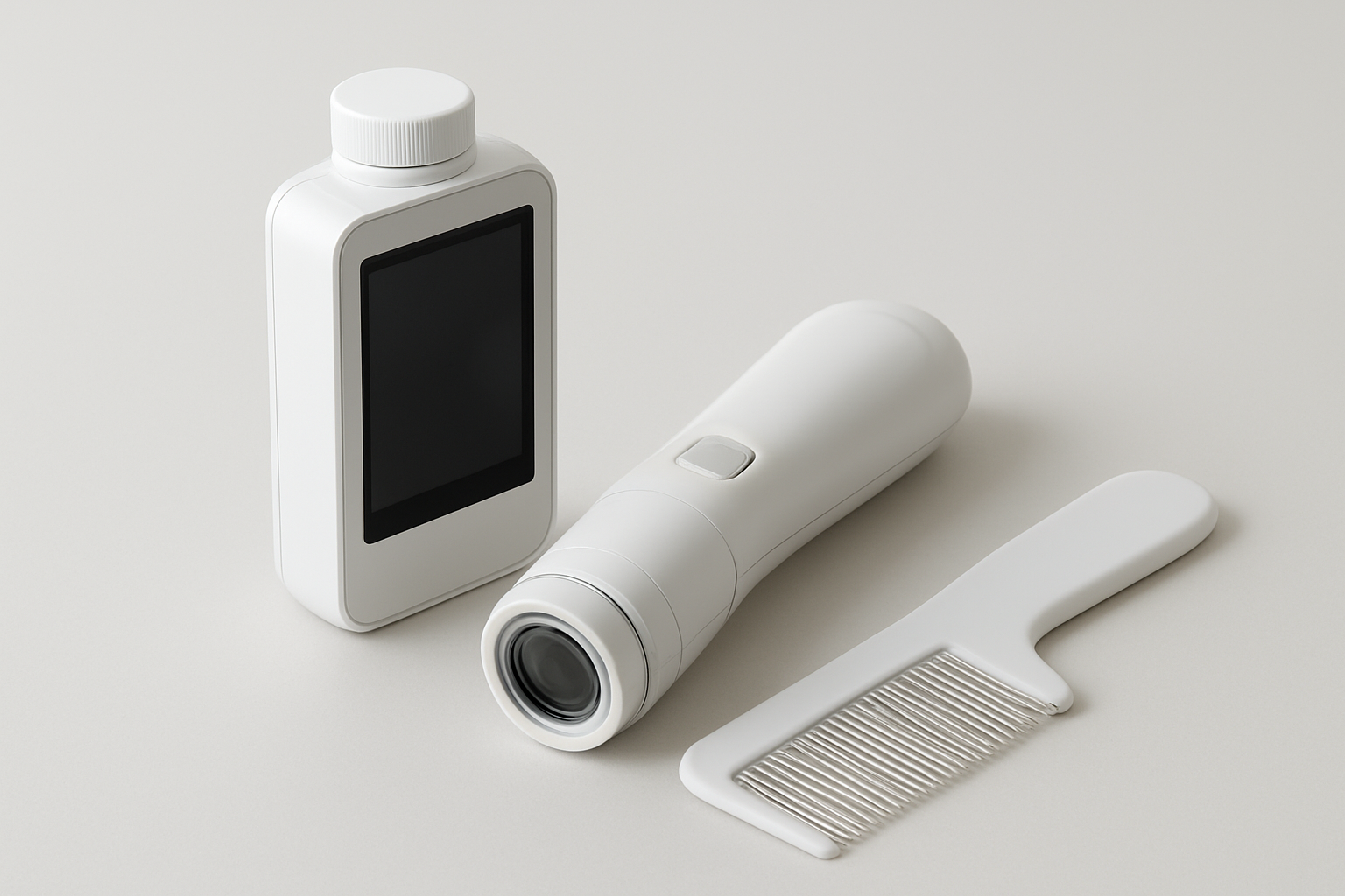 A flat lay of a hair-care device, a treatment bottle, and a comb on a light surface