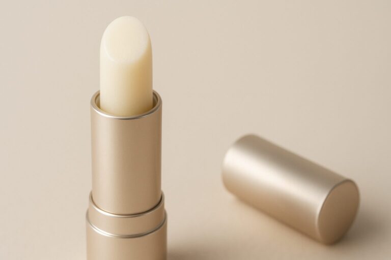 A close-up of a creamy lip balm in a sleek, metallic tube on a neutral background.