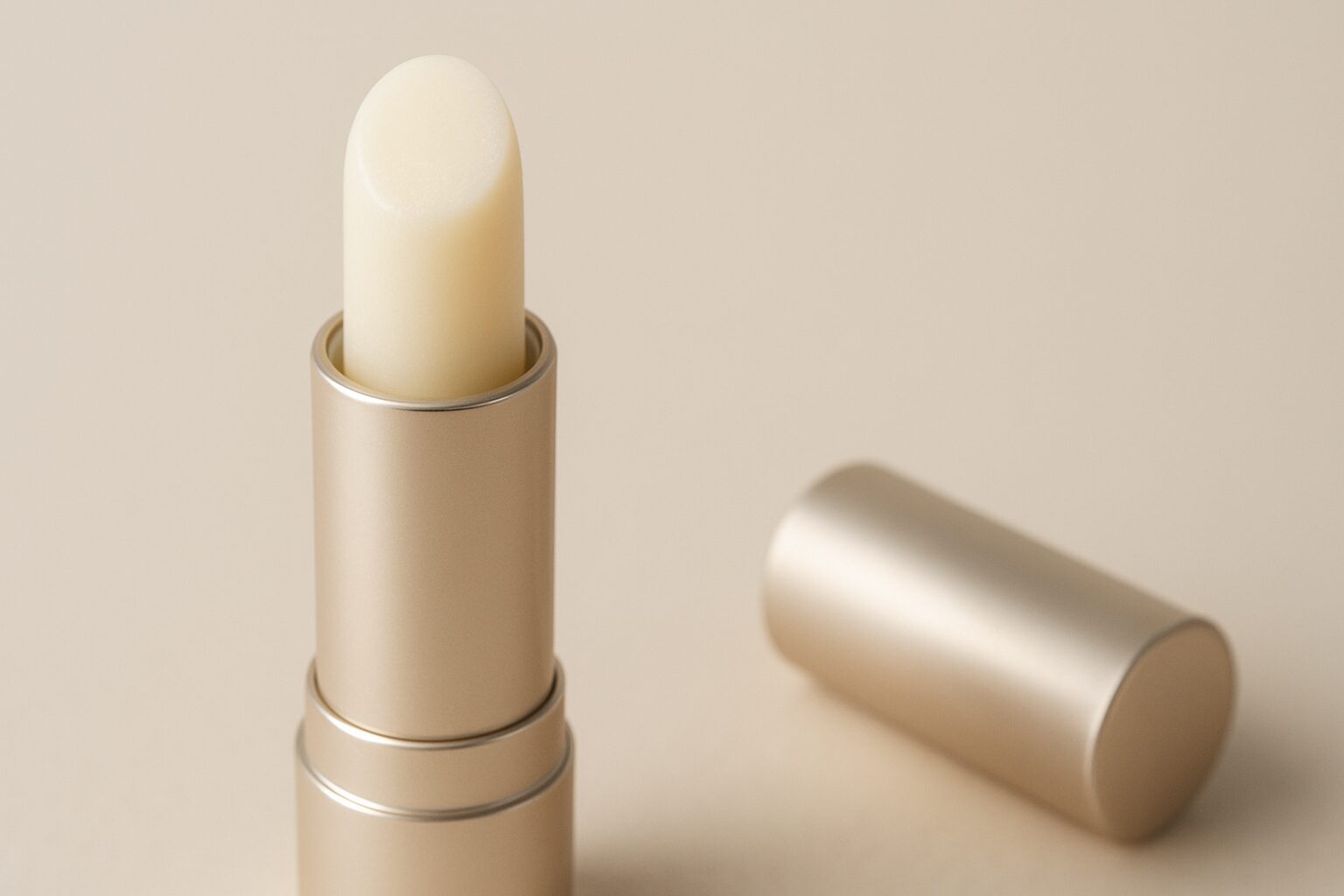 A close-up of a creamy lip balm in a sleek, metallic tube on a neutral background.